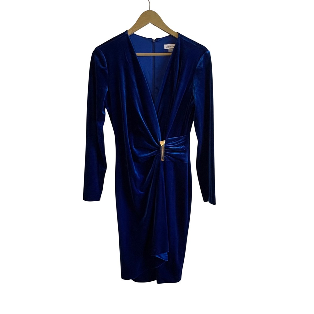 Calvin Klein Size 8 Blue Velour Long Sleeve Mini Dress Formal Holiday Party